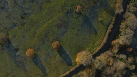 Drone-Shot-Looking-Down-On-Rural-Countryside-Fields-On-Frosty-Morning